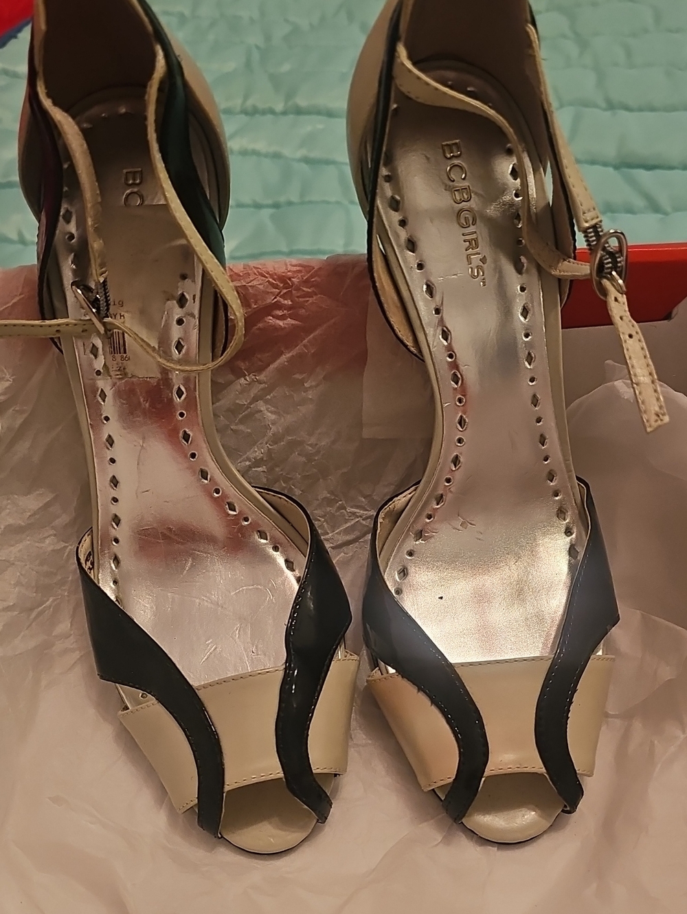 BCBGirls Black and Cream Peep-Toe Ankle-Strap Heels